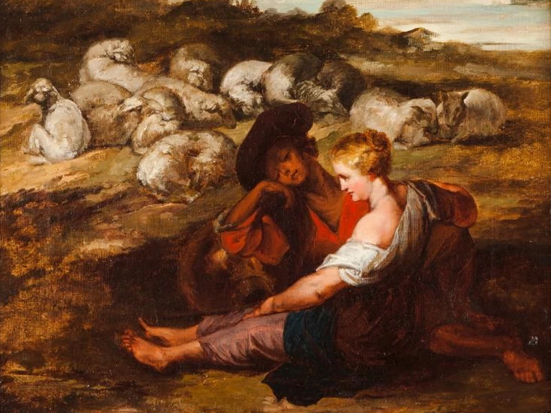 1825-Francisco Augusto Metrass - Una scena di corteggiamento in campagna con colline, edifici e animali